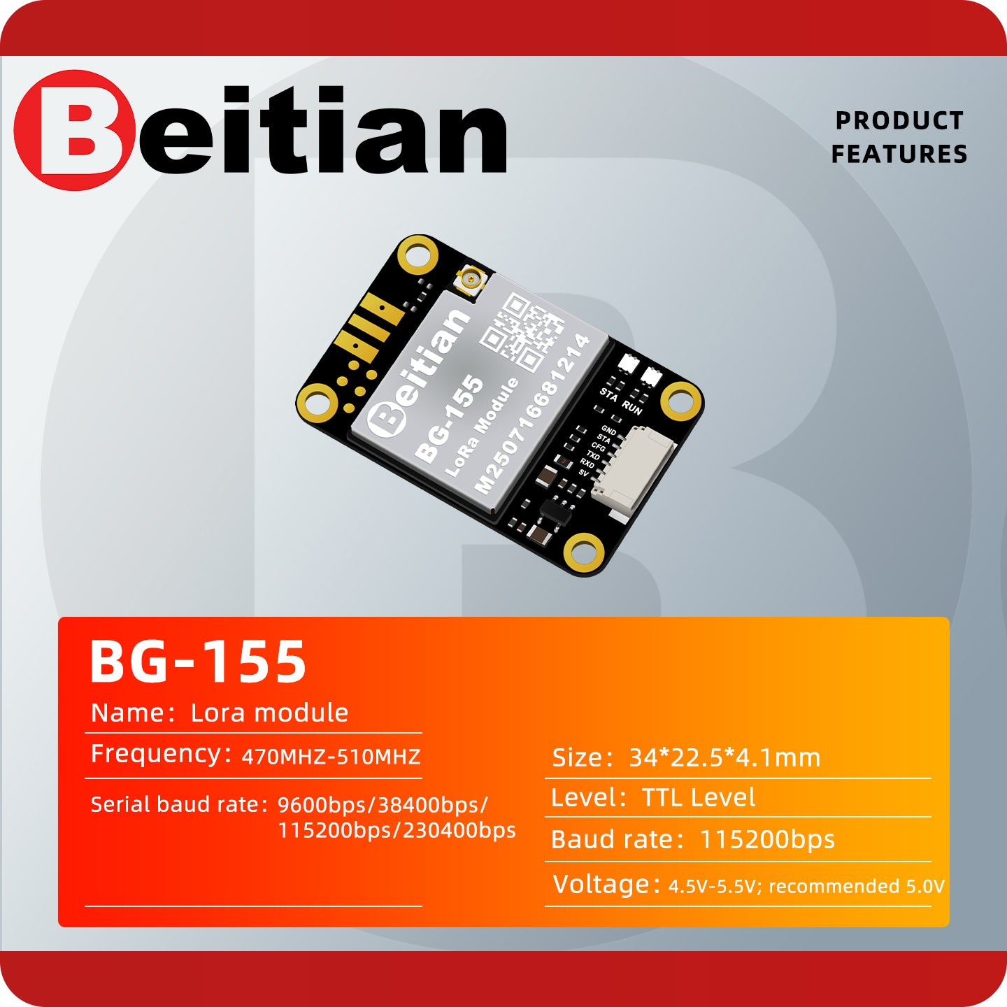 Beitian BG-155 433MHz LoRa Wireless DTU Module SMD Type Data Radio Tra ...